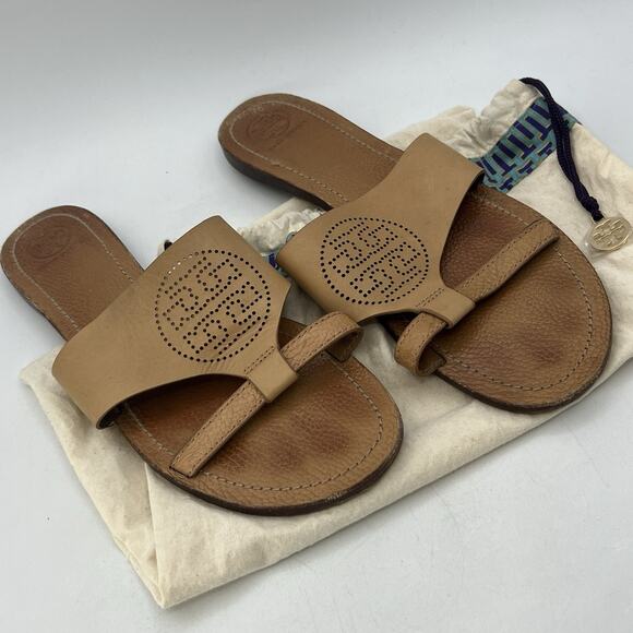 Womens Tory Burch Slip On Slide Sandals Leather Tan Perforated Logo Size 10.5 - Picture 9 of 9